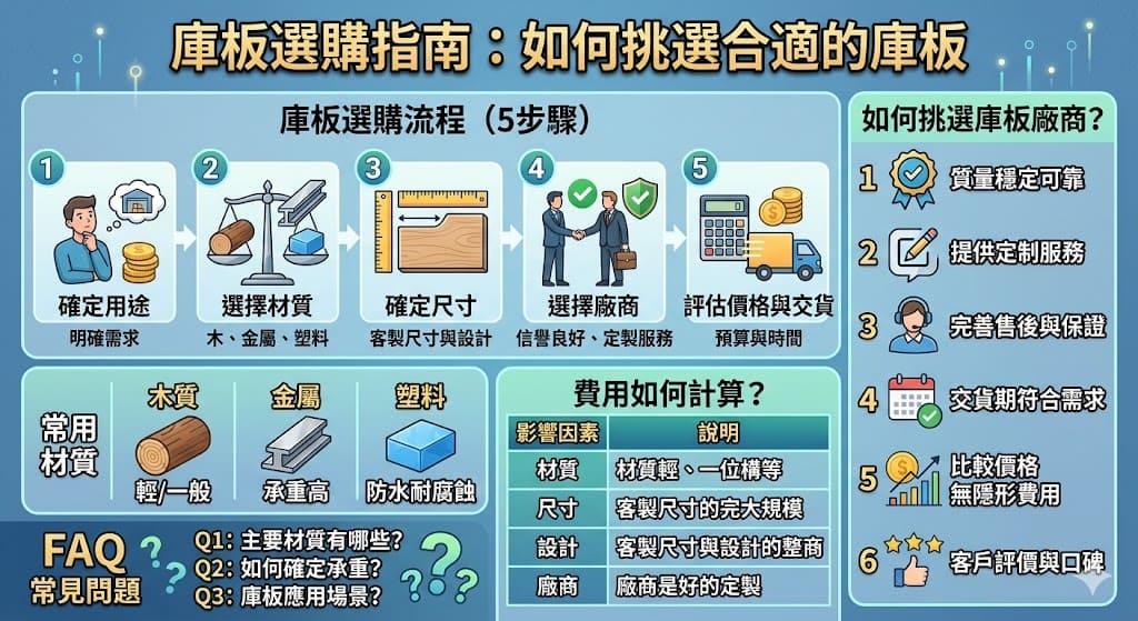選擇合適的庫板對於儲存和運輸至關重要，無論是在建築、物流還是倉儲領域。庫板的材質、尺寸、設計及承載能力會直接影響使用效果。本文將為您介紹如何選擇合適的庫板，並深入探討庫板的選購流程、費用影響因素及挑選廠商時需要避雷的要點。了解庫板的選擇技巧，幫助您找到最適合的庫板，提升效率並降低風險。